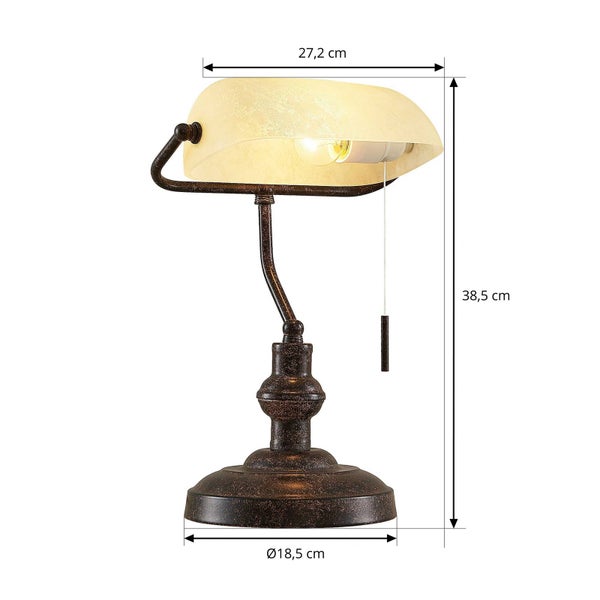 Tischleuchte mit Zugschalter und den Maßen 27,2 cm mal 38,5 cm mal 18,5 cm