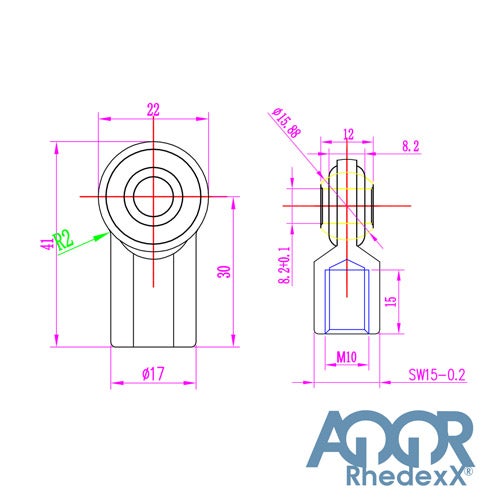 Technische Zeichnung eines Gelenkkopfes M10 mit Maßangaben in Millimetern und AQOR Rhedexx Logo.