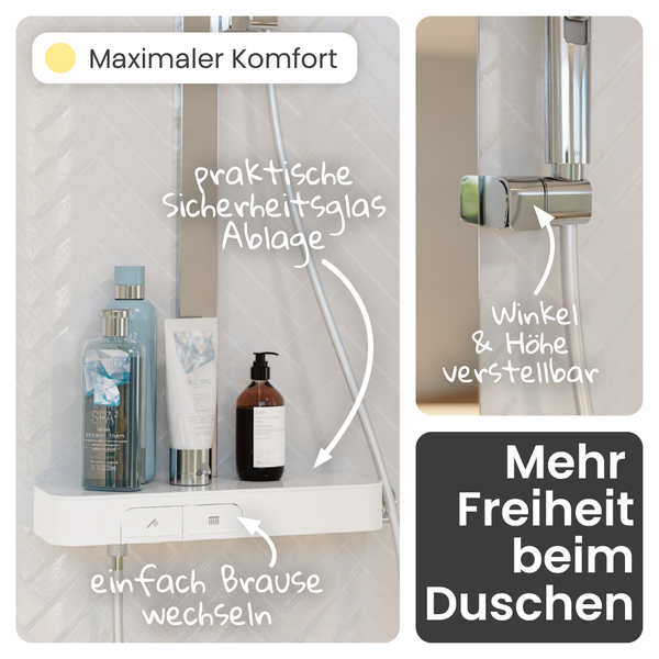 Modernes Duschsystem mit Ablage aus Sicherheitsglas, Tasten zum Wechseln der Strahlart und höhenverstellbarer Duschhalterung.