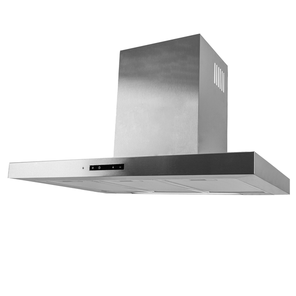 Wand-Dunstabzugshaube aus Edelstahl mit flacher Bauweise und digitaler Bedienblende.