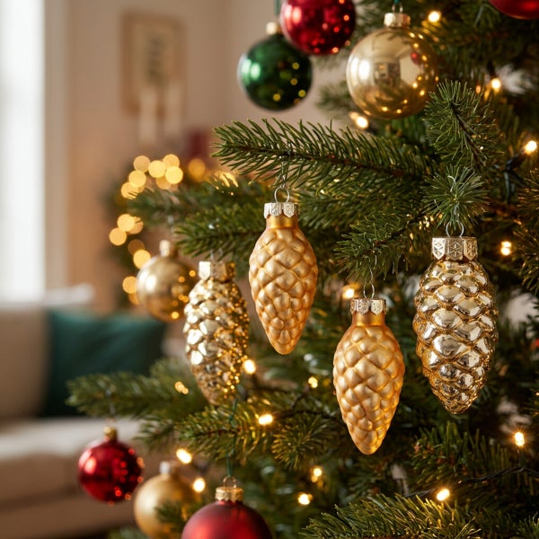 Weihnachtsbaum mit goldfarbenen tannenzapfenformigen Anhängern und weiteren Weihnachtskugeln in einem festlich geschmückten Wohnzimmer.