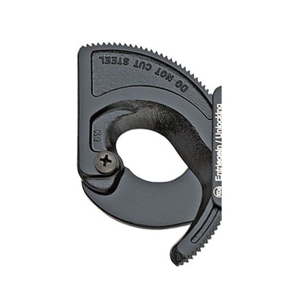 Schneidkopf einer Ratschen-Kabelschere aus Metall mit dem Hinweis keinen Stahl zu schneiden.