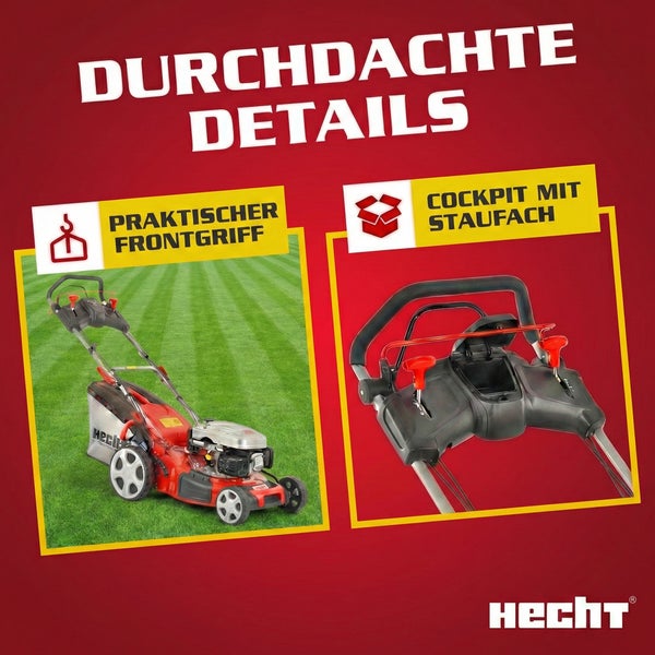 Hecht Benzin-Rasenmäher mit praktischem Frontgriff und Cockpit mit Staufach. Hecht Logo.