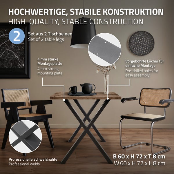 ECD Germany 2x Tischbeine X-Design X-Form, 60 x 72 cm, Anthrazit, pulverbeschichtete Stahl, Industriedesign, Metall Tischkufen Tischuntergestell Tischgestell Möbelfüße, für Esstisch Schreibtisch