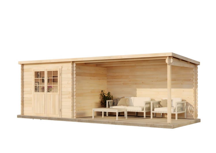 Holzgartenhaus mit überdachter Veranda und Sitzmöbeln