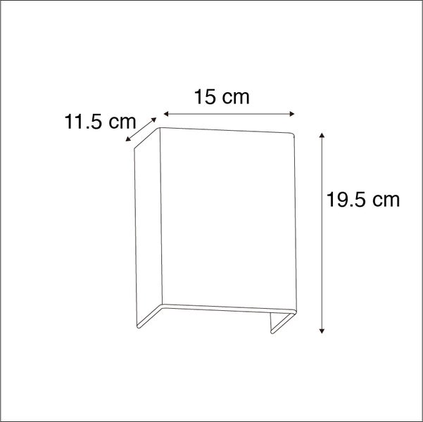 Skizze einer Wandleuchte mit den Maßen 19,5 Zentimeter Höhe, 15 Zentimeter Breite und 11,5 Zentimeter Tiefe.