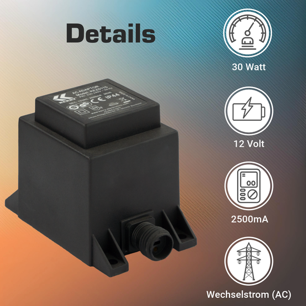 Schwarzer Transformator für 12 Volt Wechselstrom mit 30 Watt Leistung und 2500 Milliampere.