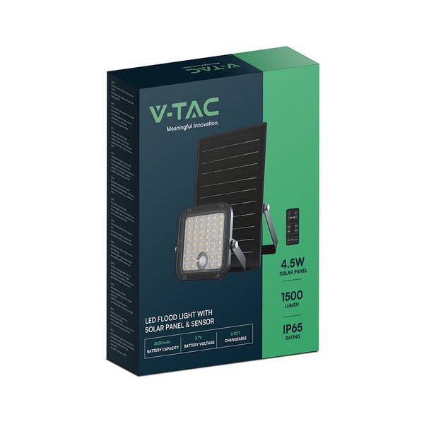 V-Tac Logo. LED-Flutlicht mit Solarpanel und Sensor in Produktverpackung.