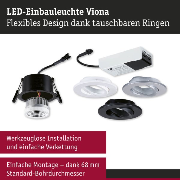 LED-Einbauleuchte Viona inklusive Transformator und drei austauschbaren Ringen für werkzeuglose Montage.
