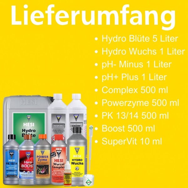 Lieferumfang Hesi Düngerset: Hydro Blüte 5 Liter, Hydro Wuchs, pH-Minus, pH-Plus, Powerzyme, PK 13/14, Boost, Wurzel Complex und SuperVit.