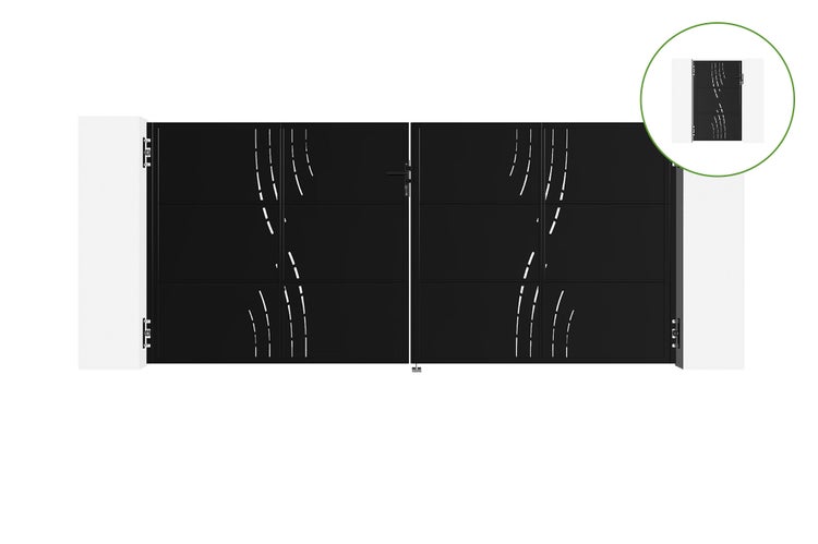 Schwarzes Gartentor mit Dekor