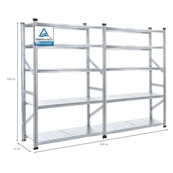 PROREGAL Fachbodenregal Stecksystem Proximo Komplettregal HxBxT 200 x 240 x 50 cm 5 Ebenen Fachlast 200 kg Beidseitig Nutzbar Verzinkt