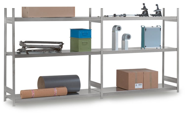 PROREGAL Weitspannregal Stecksystem T-Profil Grundregal HxBxT 200x150x40 cm 3 Ebenen Stahlplatten Fachboden Fachlast 350 kg Verzinkt