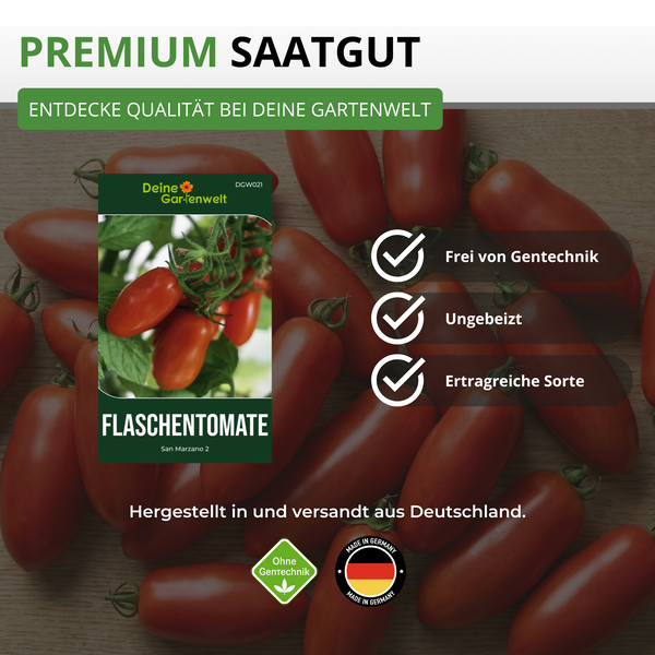 Deine Gartenwelt Logo. Flaschentomate San Marzano 2 Samen. Frei von Gentechnik, ungebeizt, ertragreich. Hergestellt in Deutschland.