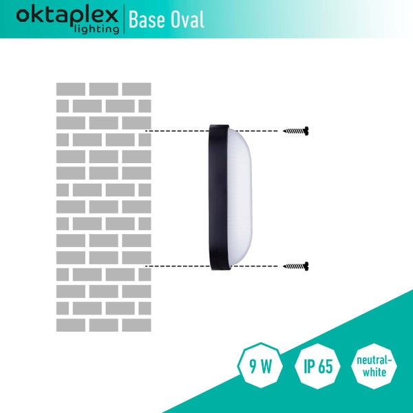 Kellerlampe Base Oval 9W 4000K neutralweiß LED IP65 Feuchtraumlampe 800lm Durchgangsverdrahtung Ovalleuchte Schwarz