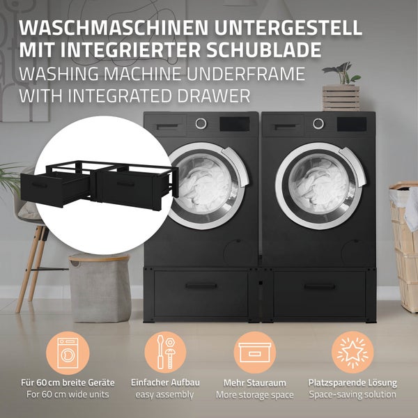 ML-Design Doppel Waschmaschinen Untergestell mit 2 Schubladen, Schwarz, 128x53,5x31,5 cm, Waschmaschinen-Sockel 2-Fach 2x150kg, Stahl, Doppeluntergestell Doppelpodest Sockel Erhöhung Trockner Unterbau