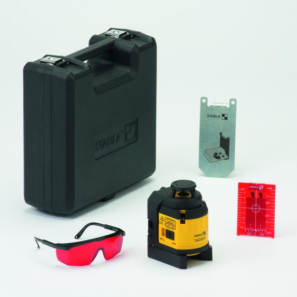 Stabila Multi-Linien-Laser LAX 400 Set mit Transportkoffer, Lasersichtbrille, Zielplatte und Wandhalterung.