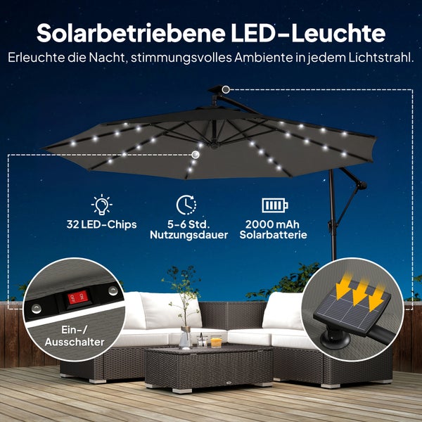 Solarbetriebener Sonnenschirm mit 32 LED-Leuchten über einer Gartenlounge mit Solarpanel und Ein- und Ausschalter.