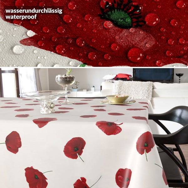 Tischdekoration mit wasserundurchlässiger Tischdecke mit Mohnblumenmuster