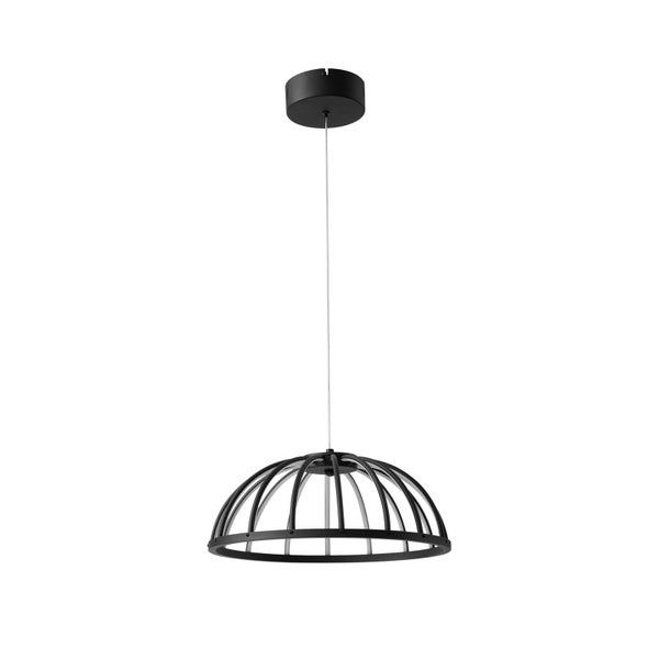 Schwarze Hängeleuchte aus Metall mit halbkugelförmigem Schirm in Käfig-Optik.