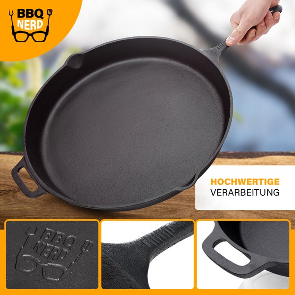 BBQ Nerd Grillpfanne Ø 40 cm 5750g mit Ausgießer und Griff | Gusseisenpfanne zum Grillen, Rösten, Anbraten | Antihaft-Pfanne Feuerpfanne - hitzebeständig & wärmespeichernd