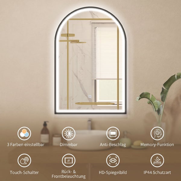 Gewölbter Badspiegel mit LED Beleuchtung, Touchsteuerung, Anti Beschlag Funktion, Dimmbar und Speicherfunktion im Badezimmer.