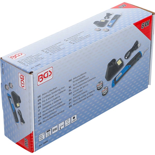 BGS Technic Akku-Lötkolben 8 Watt inklusive Ladestation und Zubehör in der Produktverpackung