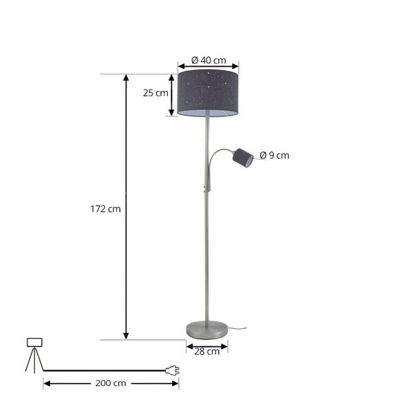Stehleuchte mit Leselampe und Maßangaben