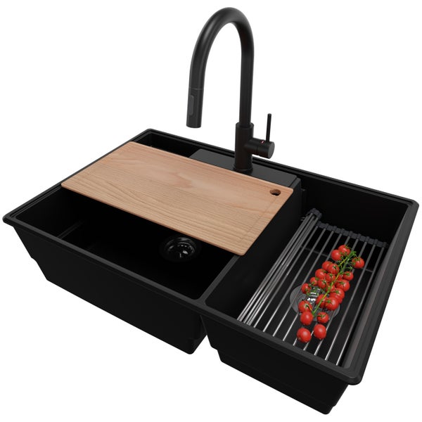 PRIMAGRAN Granitspüle Schwarz 78x53cm, Spülbecken 2 Becken + Küchenarmatur 40x20cm + Ablauf-Set + Küchenzubehörset, Küchenspüle ab 80er Unterschrank - Paris
