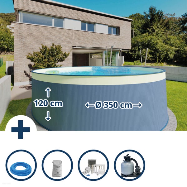 Rundes Schwimmbecken mit Zubehör im Garten, Durchmesser 450 cm, Höhe 90 cm