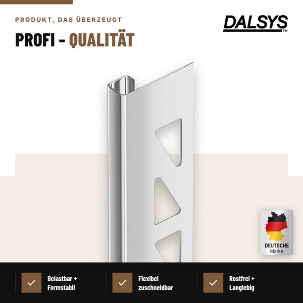 Fliesenprofil von Dalsys aus Edelstahl, rostfrei und langlebig, ideal für einen sauberen Abschluss bei Fliesenarbeiten.