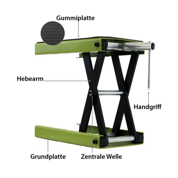 Motorrad Montageständer Scherenheber mit Gummiplatte Hebearm Handgriff und zentraler Welle