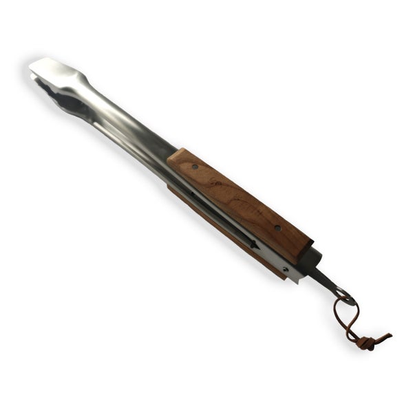 Grillzange aus Edelstahl mit Holzgriff und Aufhängeschlaufe