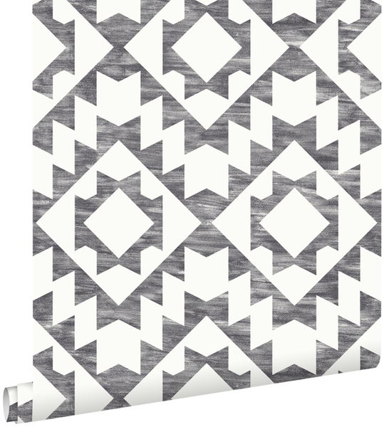 ESTAhome Tapete Marrakescher Aztec-Teppich Schwarz und Weiß - 53 cm x 10.05 m - 148677