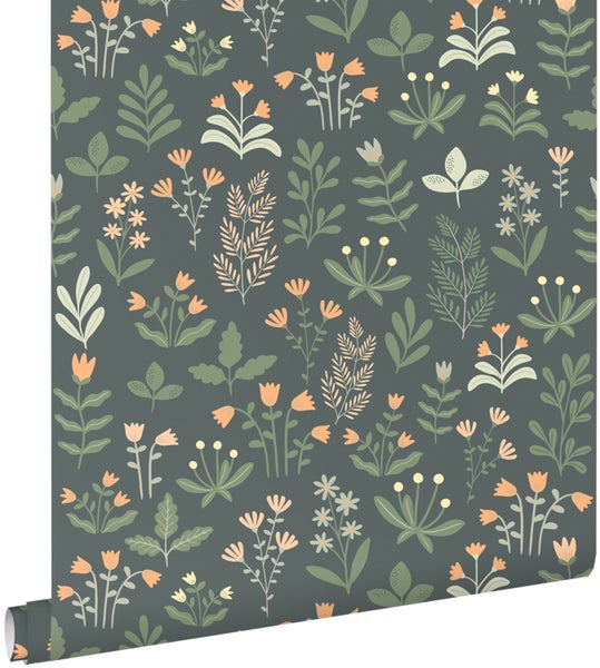 ESTAhome Tapete Feldblumen Graugrün und Orange - 50 x 900 cm - 131098