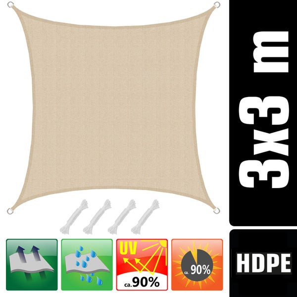 AMANKA UV Sonnensegel - 3x3 m HDPE Quadratisch - Sonnenschutz Plane Überdachung Garten Balkon Beige