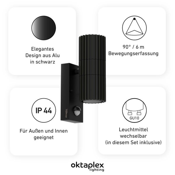 Oktaplex Para Außenlampe mit Bewegungsmelder 2x GU10 Warmweiß Schwarz