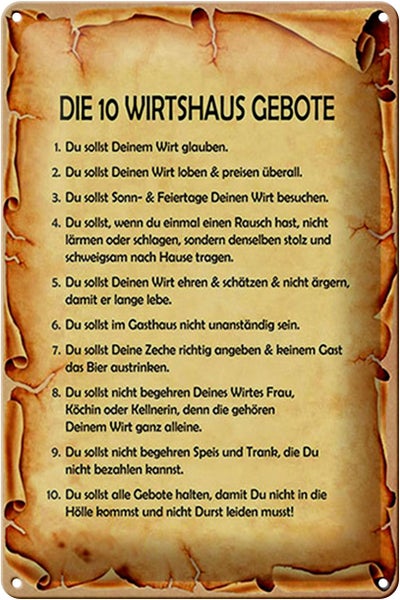 Blechschild Spruch 20x30cm die 10 Wirtshaus Gebote