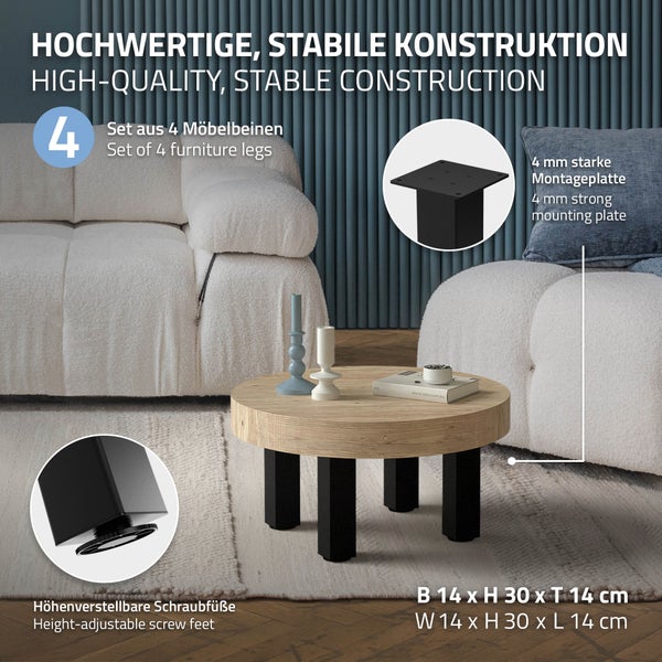 ML-Design 4er Set Tischbeine I-Design 30 cm, Schwarz glänzend, aus pulverbeschichtetem Stahl, eckig, Profil 8x8 cm, Höhenverstellbare Möbelfüße 1-4 cm, Möbelbeine für Couchtische, Bänke, Sideboards