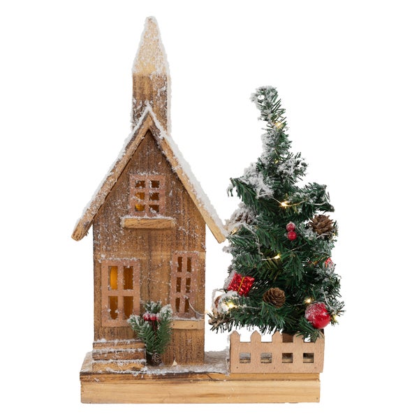 ECD Germany Dekorative Holz-Weihnachtshaus mit LED-Beleuchtung, Warmweiß, 27x11x44 cm, batteriebetrieben, Timer, Deko Holzhaus & Tanne, Winterhaus beschneit, Weihnachtsdeko Innen, Weihnachtsdekoration
