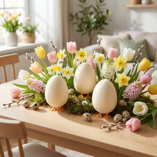 Ostergesteck mit drei großen Eiern auf Entenfüßen, umgeben von Tulpen, Narzissen, Hyazinthen, Weidenkätzchen und Wachteleiern auf Holztisch.