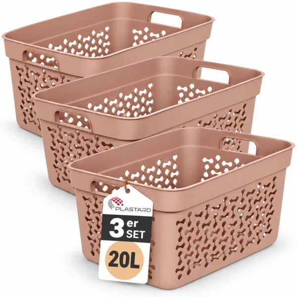 Drei rechteckige Kunststoff Aufbewahrungskörbe mit Griffen im Set, Fassungsvermögen zwanzig Liter pro Korb, mit Plastard Logo