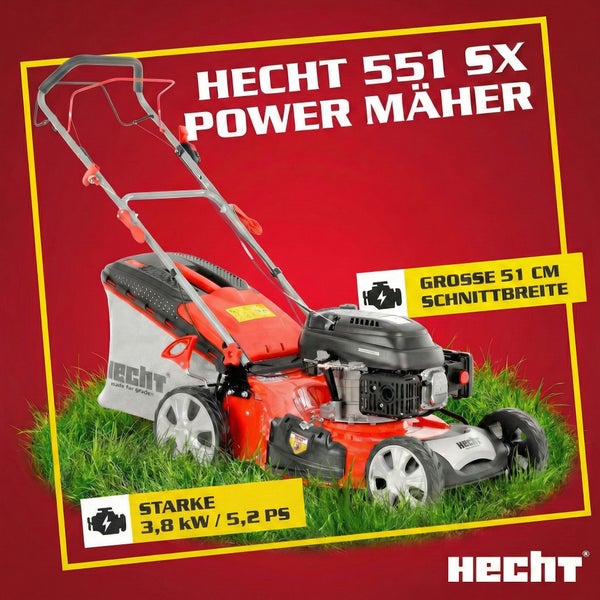 Hecht 551 SX Power Rasenmäher mit 51 cm Schnittbreite und 3,8 kW Leistung.