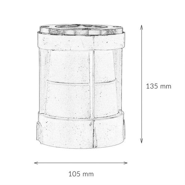 Skizze eines runden Lampensockels mit den Maßen 135 mm Höhe und 105 mm Breite