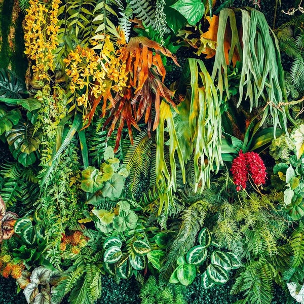 Künstliche Pflanzenwand mit verschiedenen Farnen, Orchideen und weiteren tropischen Kunstpflanzen.