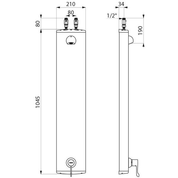 Maßzeichnung eines Duschpaneels mit Maßen: Höhe 1045 Millimeter, Breite 210 Millimeter, Tiefe 34 Millimeter und Anschlüssen oben.