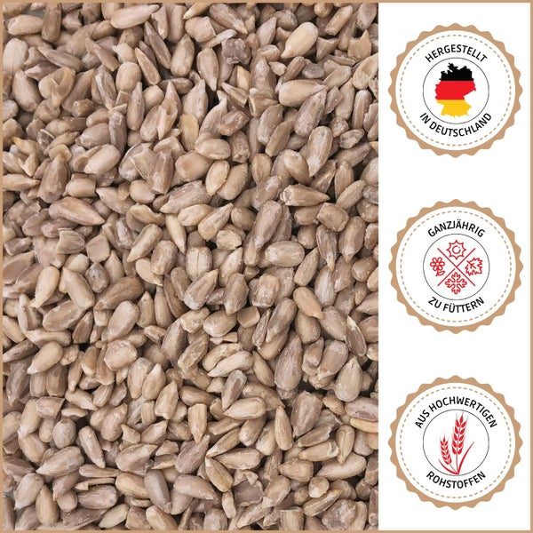 Sonnenblumenkerne geschält mit den Hinweisen Hergestellt in Deutschland, Ganzjährig zu füttern, Aus hochwertigen Rohstoffen