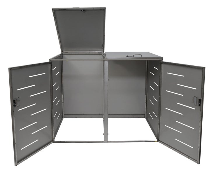 Mülltonnenbox mit zwei Fächern, Türen mit Schlitzmuster und aufklappbarem Deckel