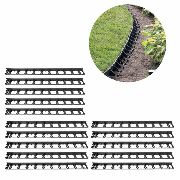 Schwarze Rasenkante aus Kunststoff zur Beeteinfassung, inklusive Anwendungsbeispiel zwischen Rasenfläche und Erde.