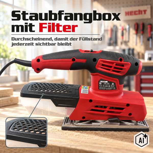 Hecht Schwingschleifer mit durchsichtiger Staubfangbox und Filter auf einer Werkbank.